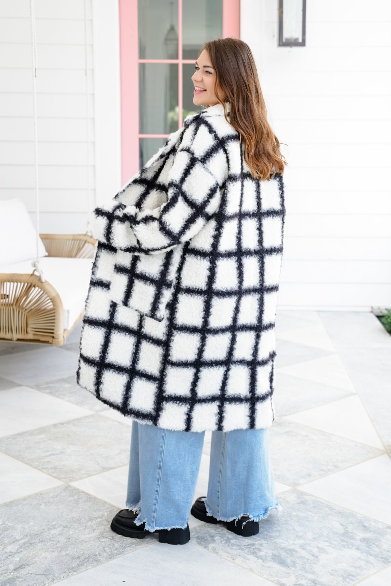 Plus/Reg Plaid Long Sleeve Open Front Fuzzy Coat