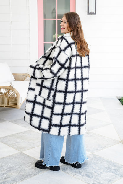 Plus/Reg Plaid Long Sleeve Open Front Fuzzy Coat