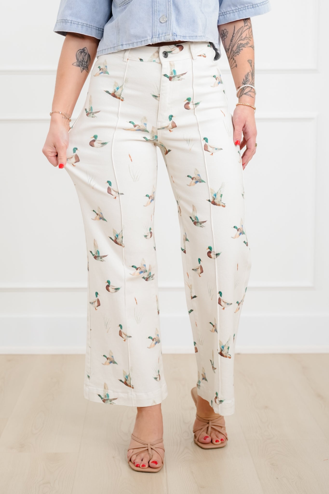 Mallard Duck Printed Wide Leg Pants