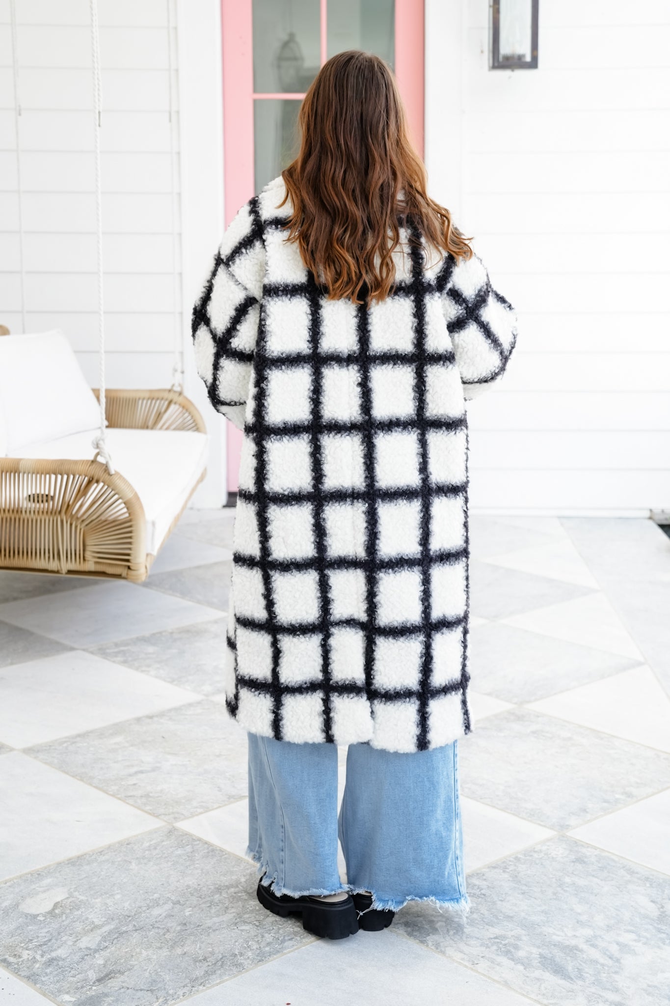 Plus/Reg Plaid Long Sleeve Open Front Fuzzy Coat