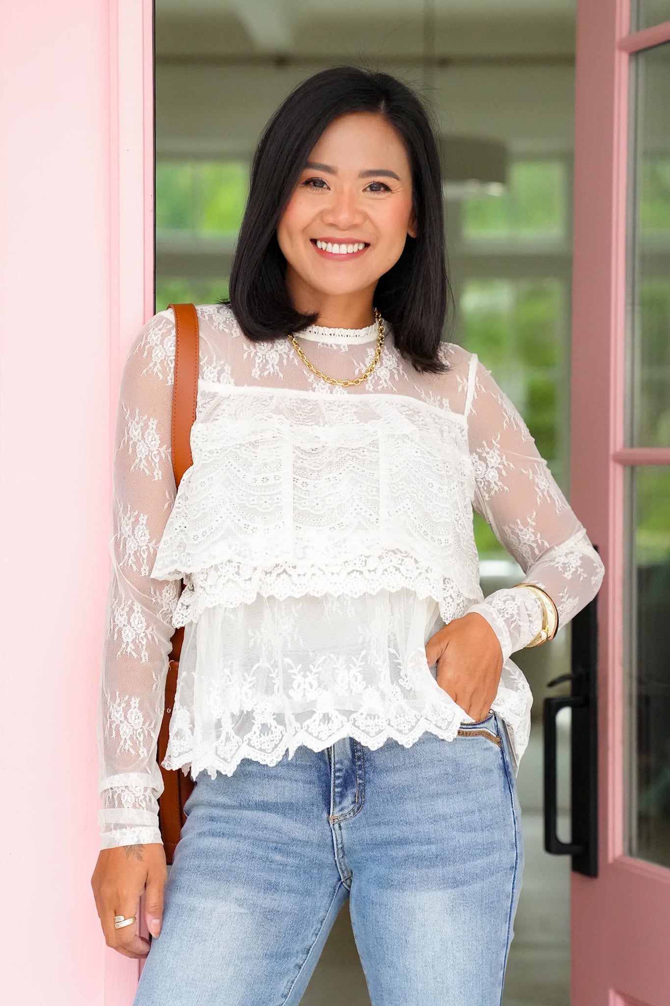 Lace Long Sleeve High Neck Ruffle Top