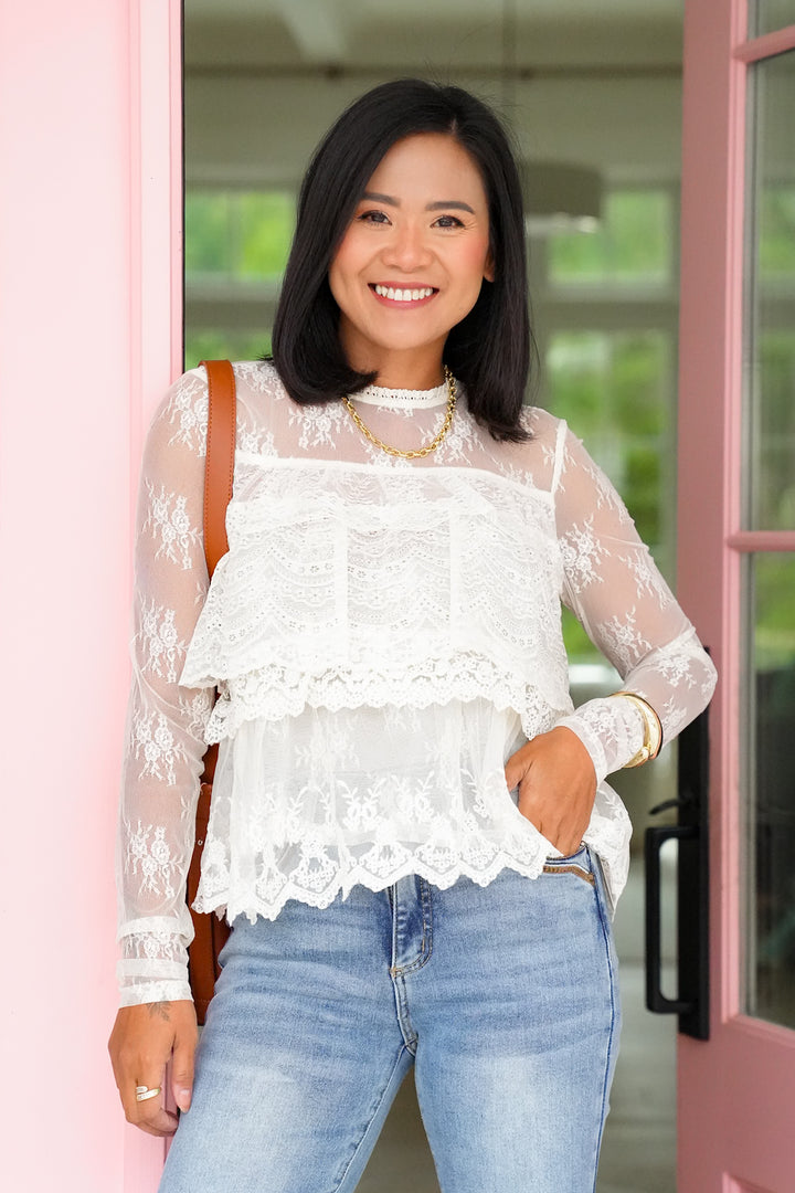 Lace Long Sleeve High Neck Ruffle Top