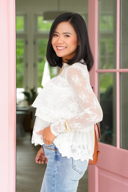 Lace Long Sleeve High Neck Ruffle Top