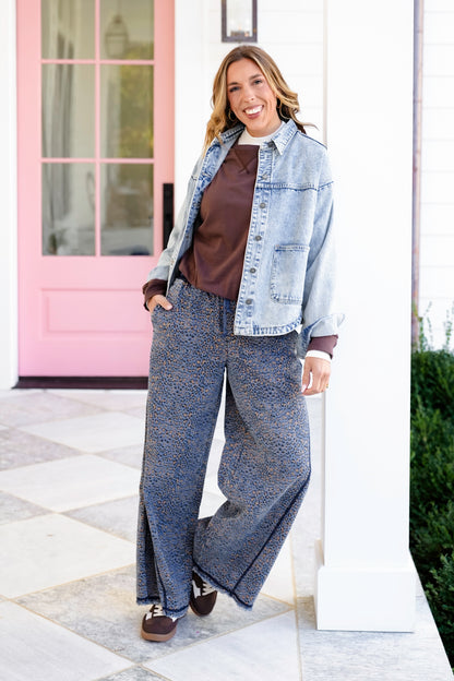 Leopard Print Washed Wide Leg Denim Pants