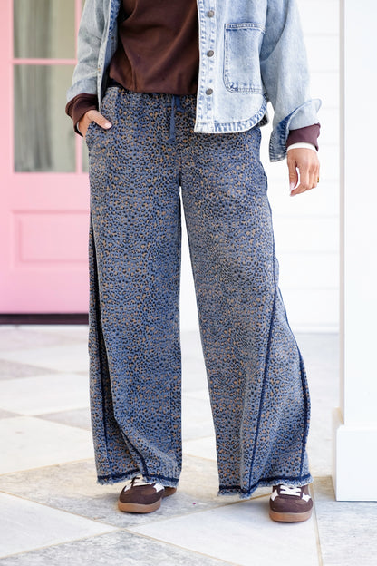 Leopard Print Washed Wide Leg Denim Pants