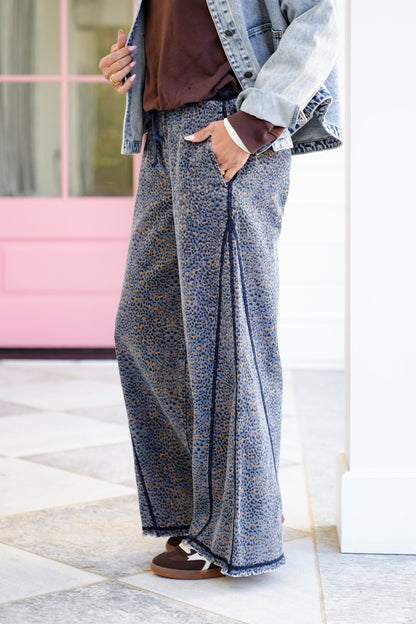 Leopard Print Washed Wide Leg Denim Pants