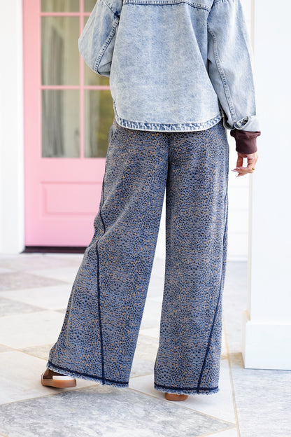 Leopard Print Washed Wide Leg Denim Pants