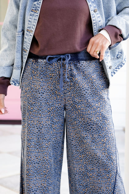Leopard Print Washed Wide Leg Denim Pants