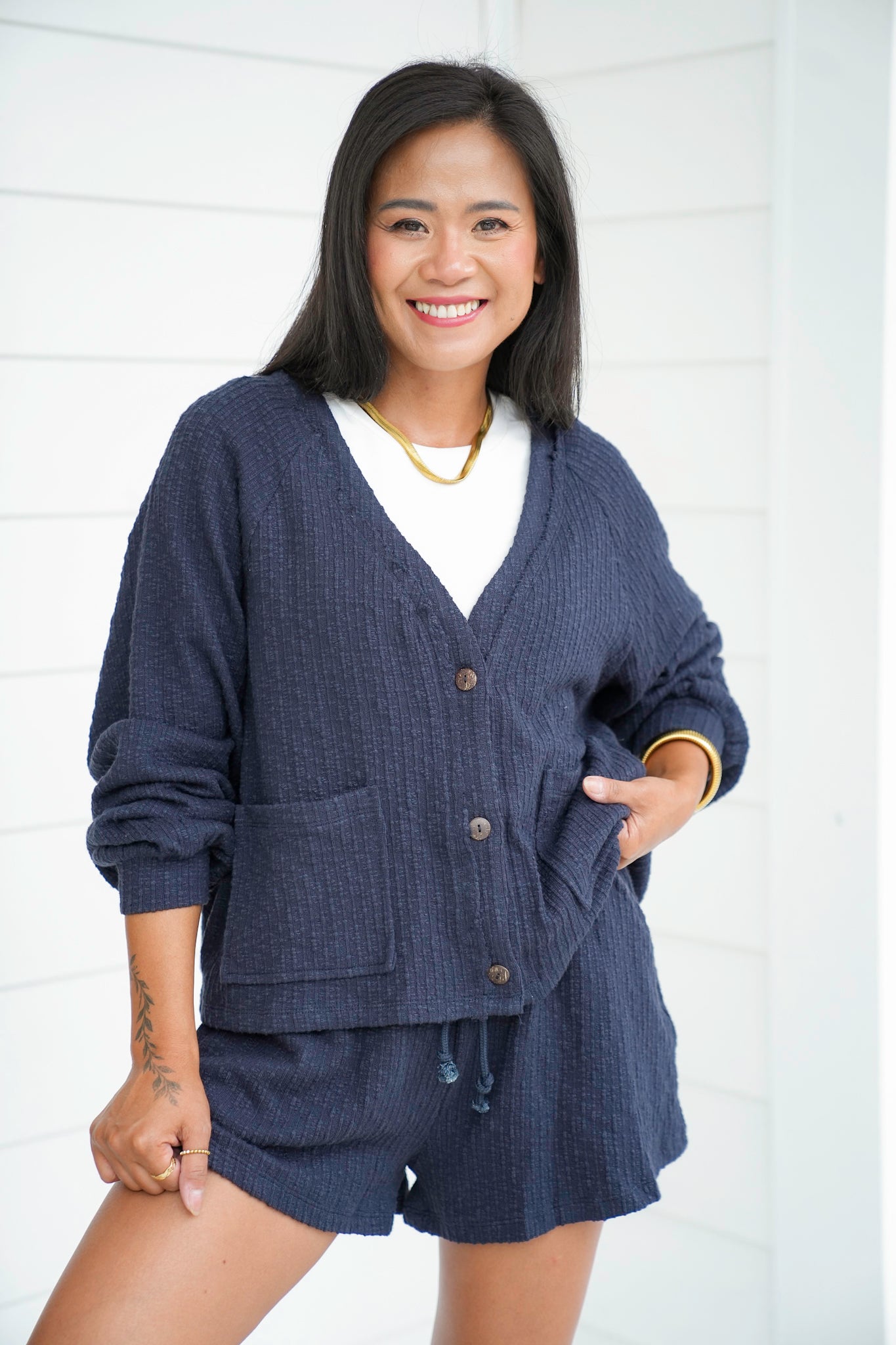 Textured Long Sleeve Cardigan and Shorts Set