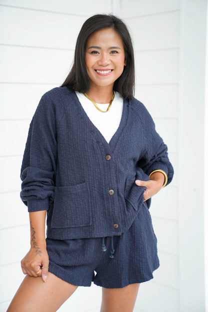 Textured Long Sleeve Cardigan and Shorts Set
