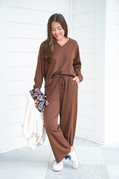 Solid Long Sleeve V Neck Top and Pants Set