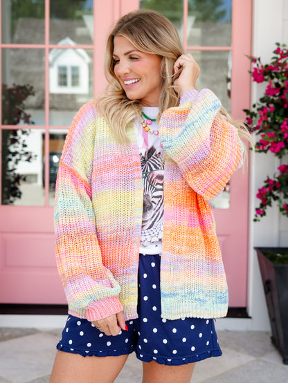 Neon Rainbow Stripe Long Sleeve Open Front Knit Cardigan