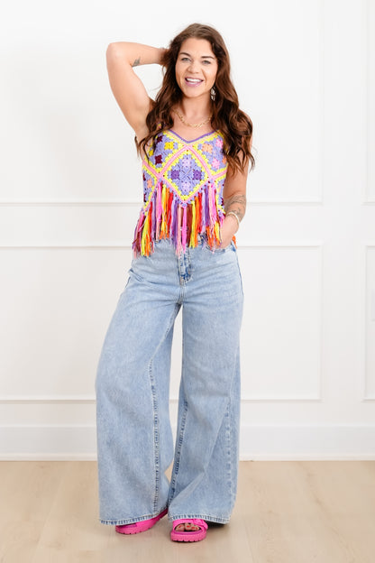 Crochet Granny Square Crop Top with Fringe