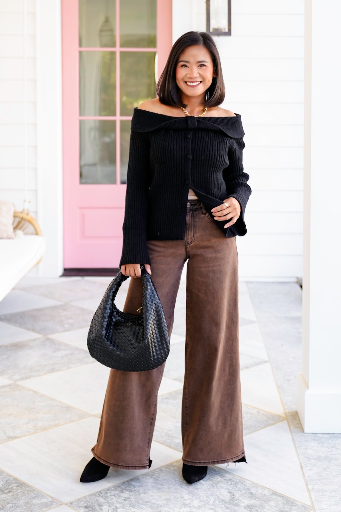 Plus/Reg Knit Long Sleeve Off-shoulder Ribbed Top