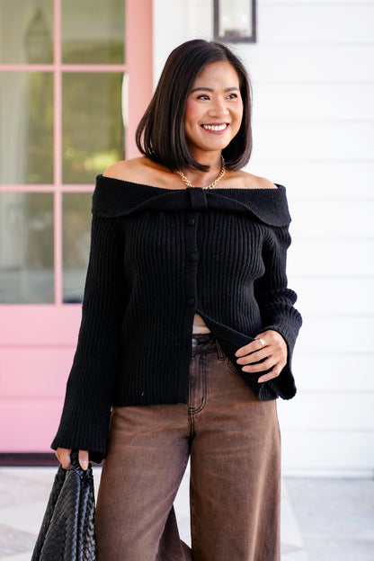 Plus/Reg Knit Long Sleeve Off-shoulder Ribbed Top