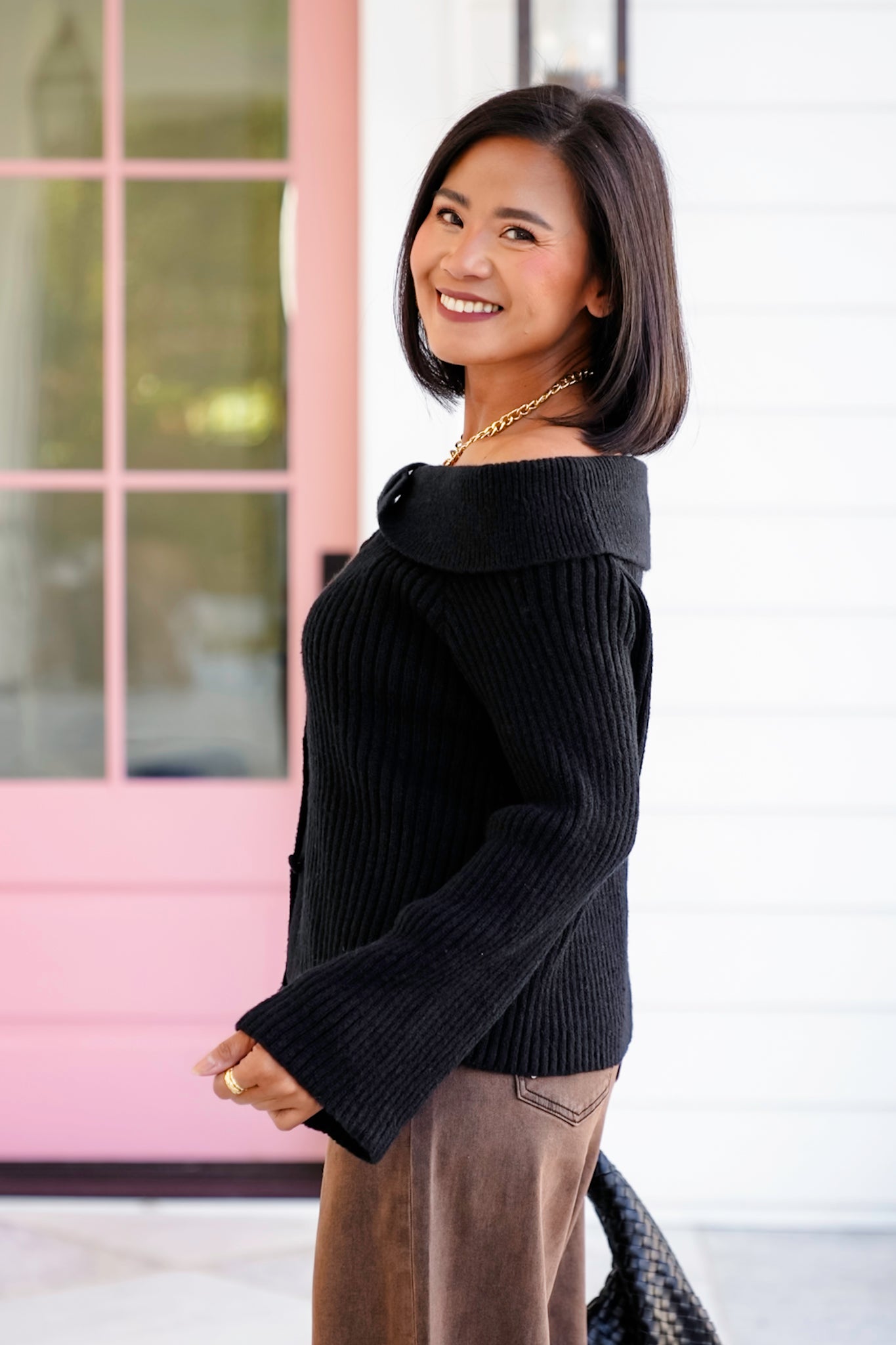 Plus/Reg Knit Long Sleeve Off-shoulder Ribbed Top