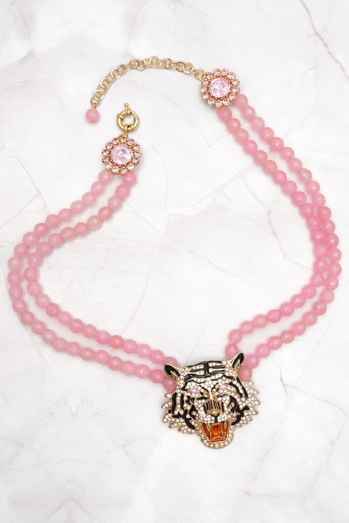 Tiger Rose Quartz Beaded Statement Drop Necklace