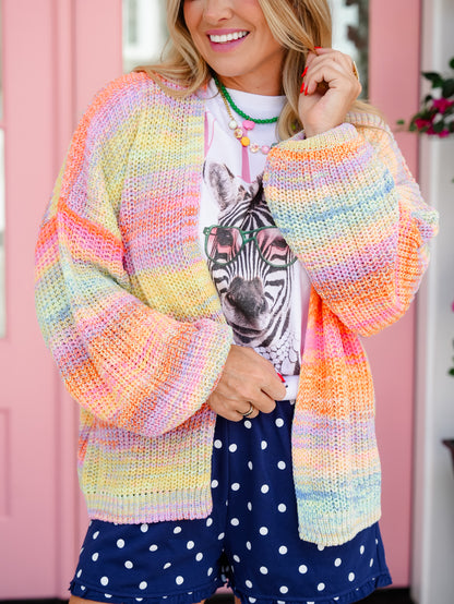 Neon Rainbow Stripe Long Sleeve Open Front Knit Cardigan