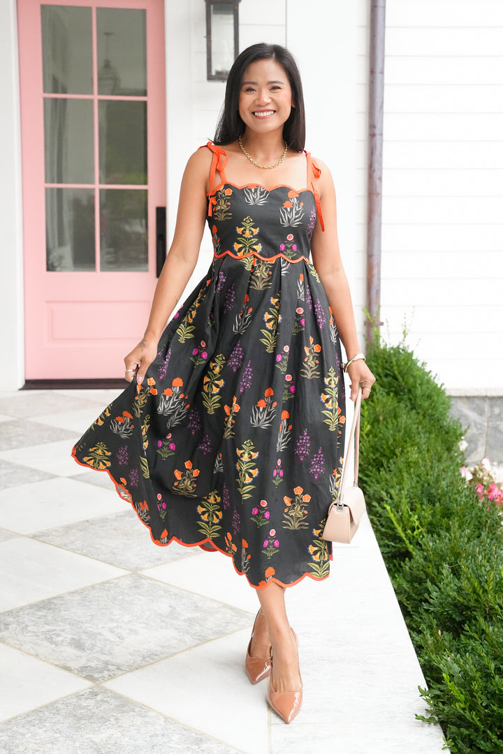 Black Floral Sleeveless Scalloped Neck Midi Dress