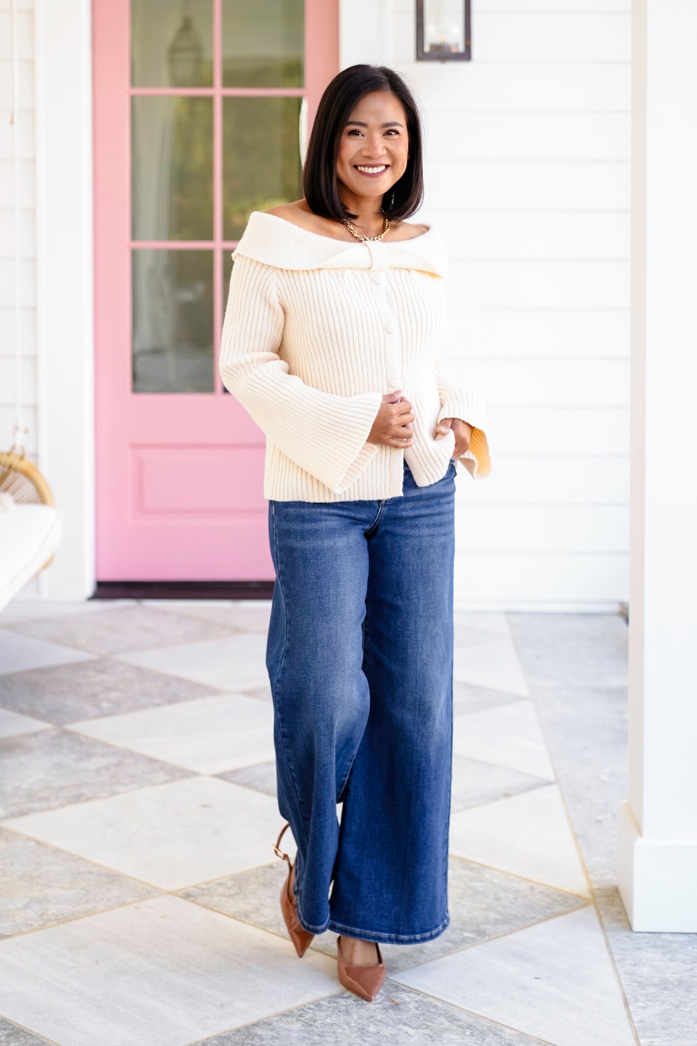 Plus/Reg Knit Long Sleeve Off-shoulder Ribbed Top