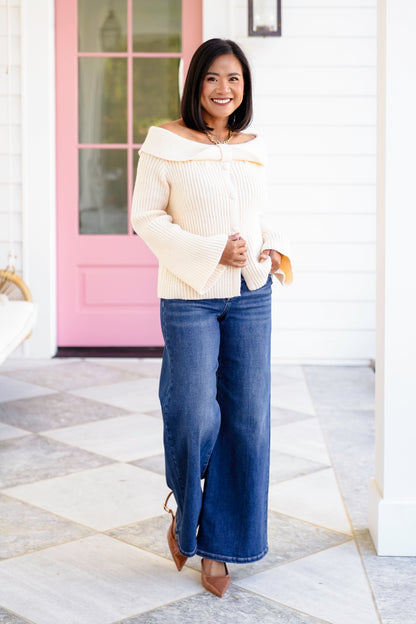 Plus/Reg Knit Long Sleeve Off-shoulder Ribbed Top