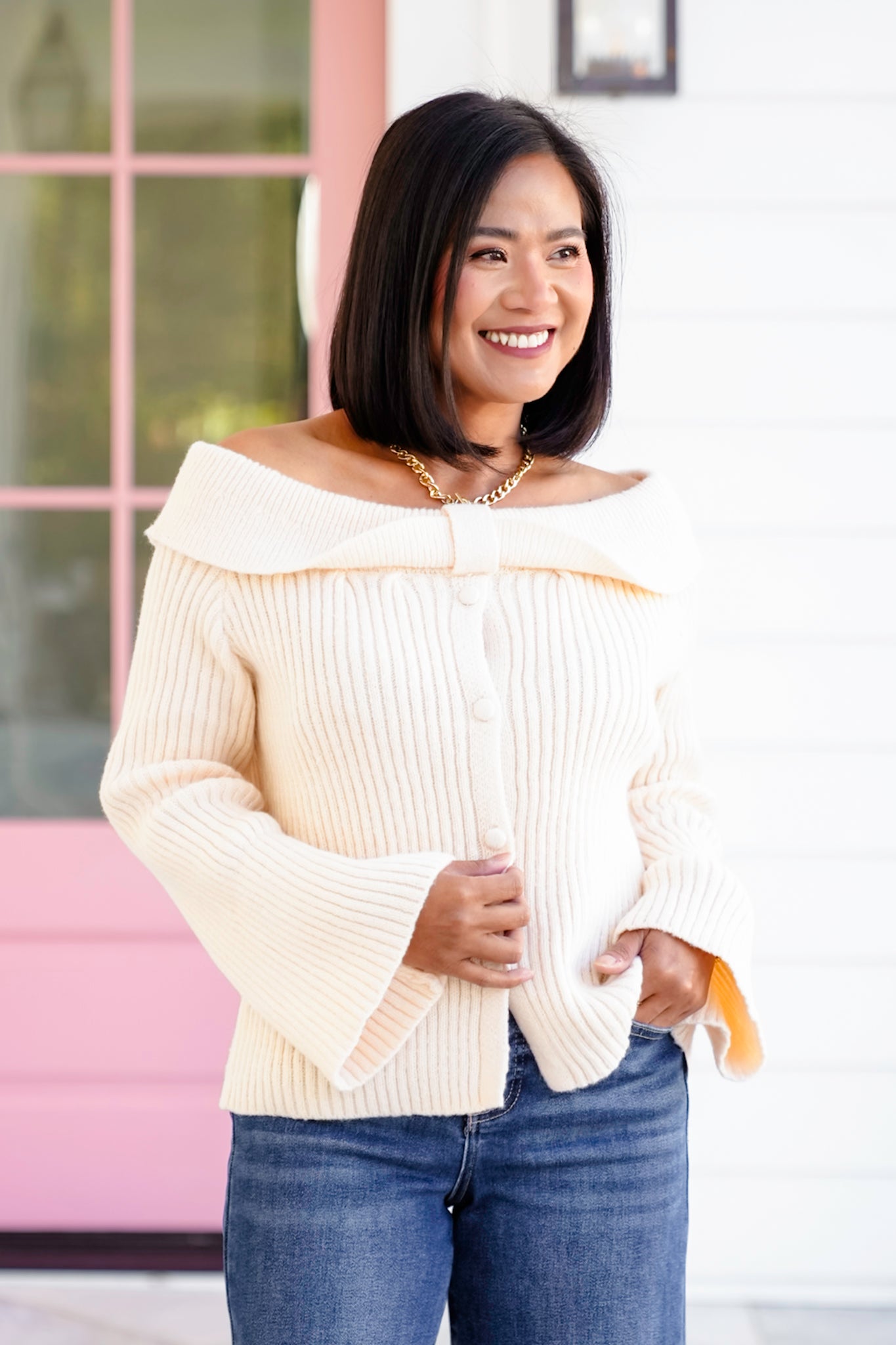 Plus/Reg Knit Long Sleeve Off-shoulder Ribbed Top