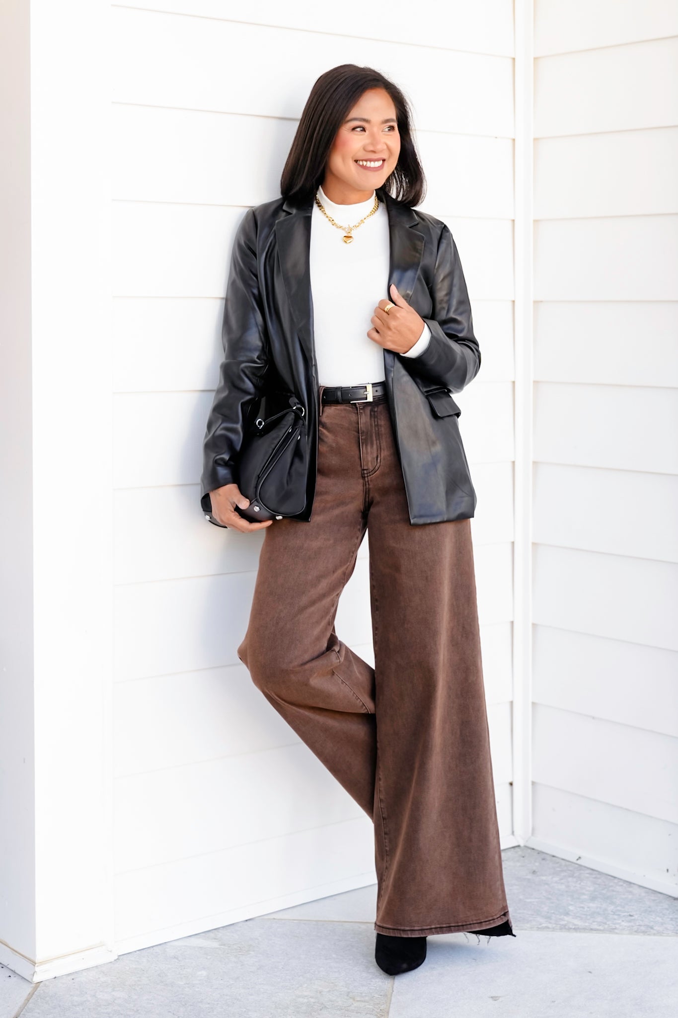Vegan Leather Long Sleeve Open Front Blazer