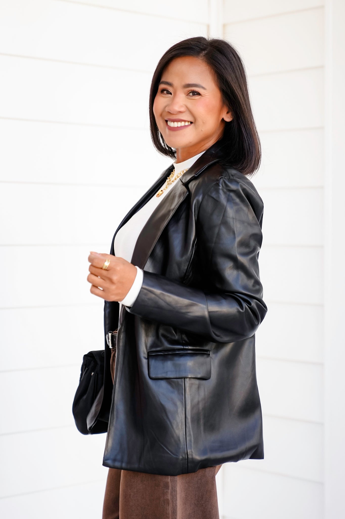 Vegan Leather Long Sleeve Open Front Blazer