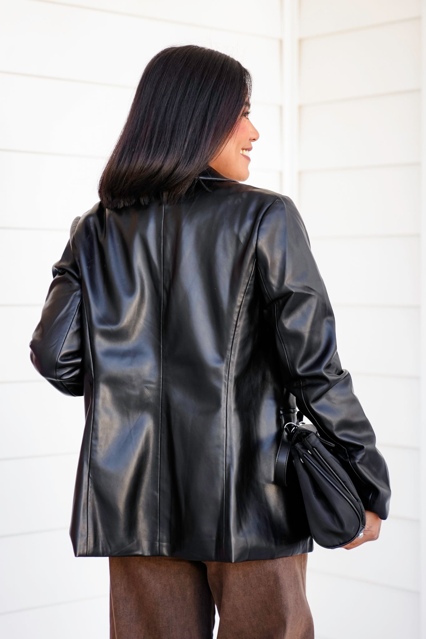 Vegan Leather Long Sleeve Open Front Blazer