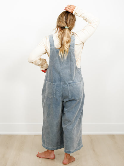 Flower Patchwork Washed Corduroy Wide Leg Overalls