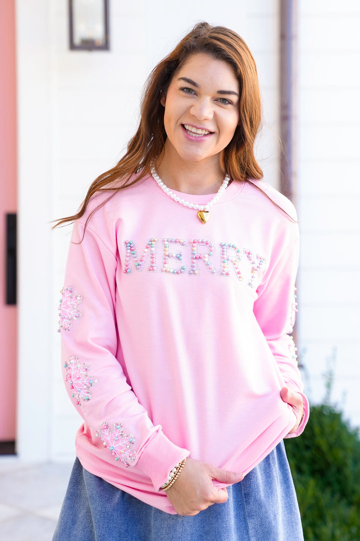 Plus/Reg Pearl and Rhinestone "Merry" Long Sleeve Sweatshirt