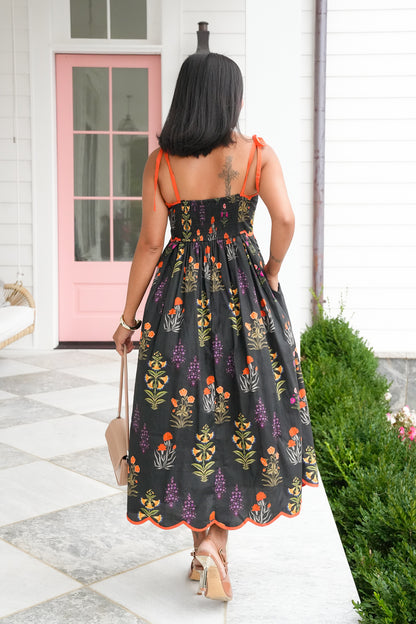Black Floral Sleeveless Scalloped Neck Midi Dress