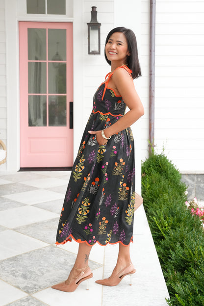 Black Floral Sleeveless Scalloped Neck Midi Dress