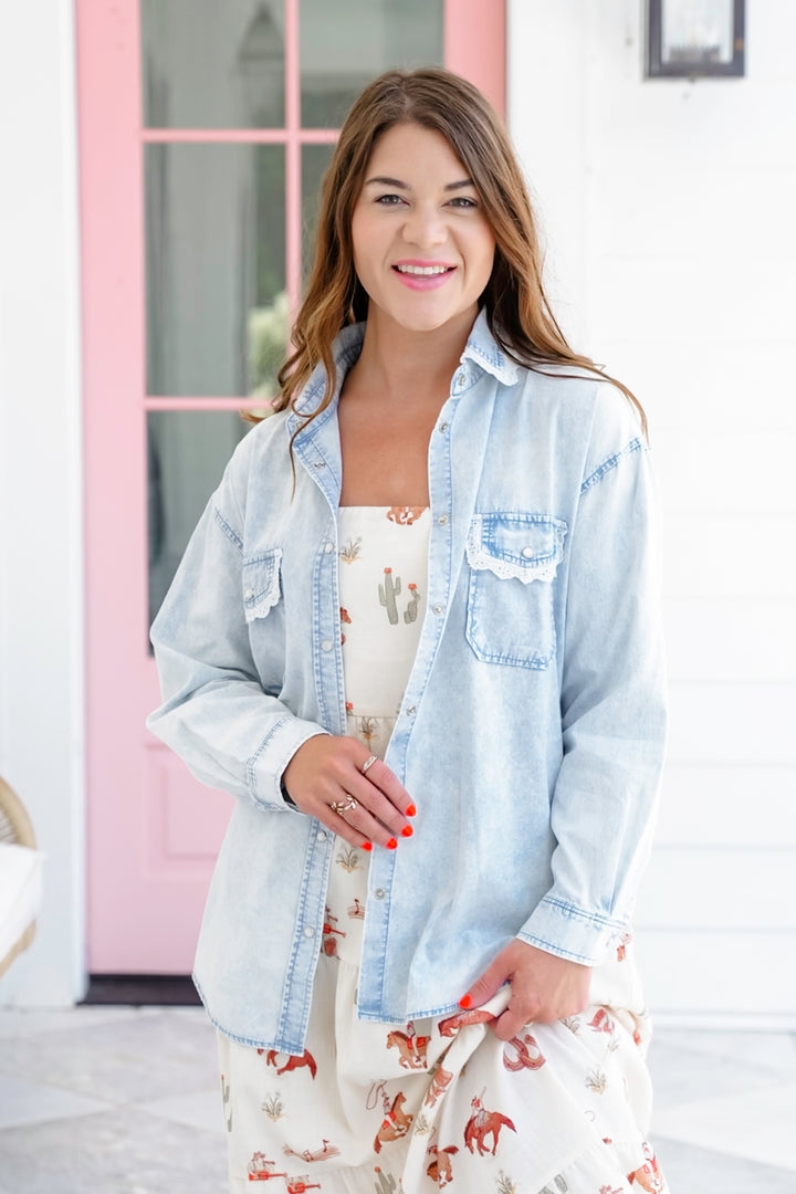 Washed Long Sleeve Button Up Top with Lace Detail