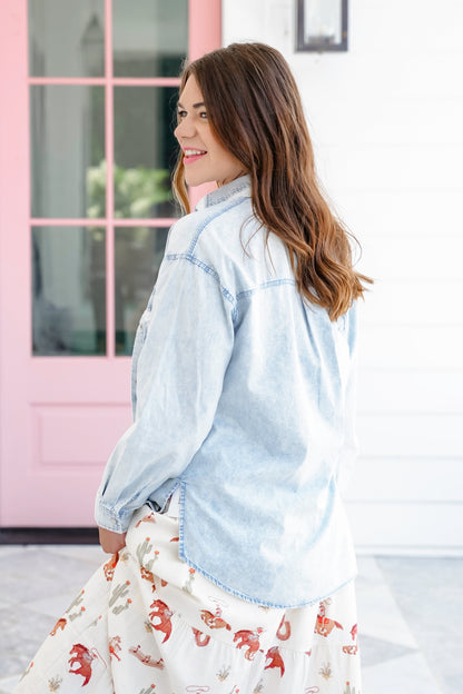 Washed Long Sleeve Button Up Top with Lace Detail