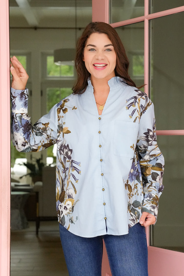 Chambray Long Sleeve Button Down with Floral Accent