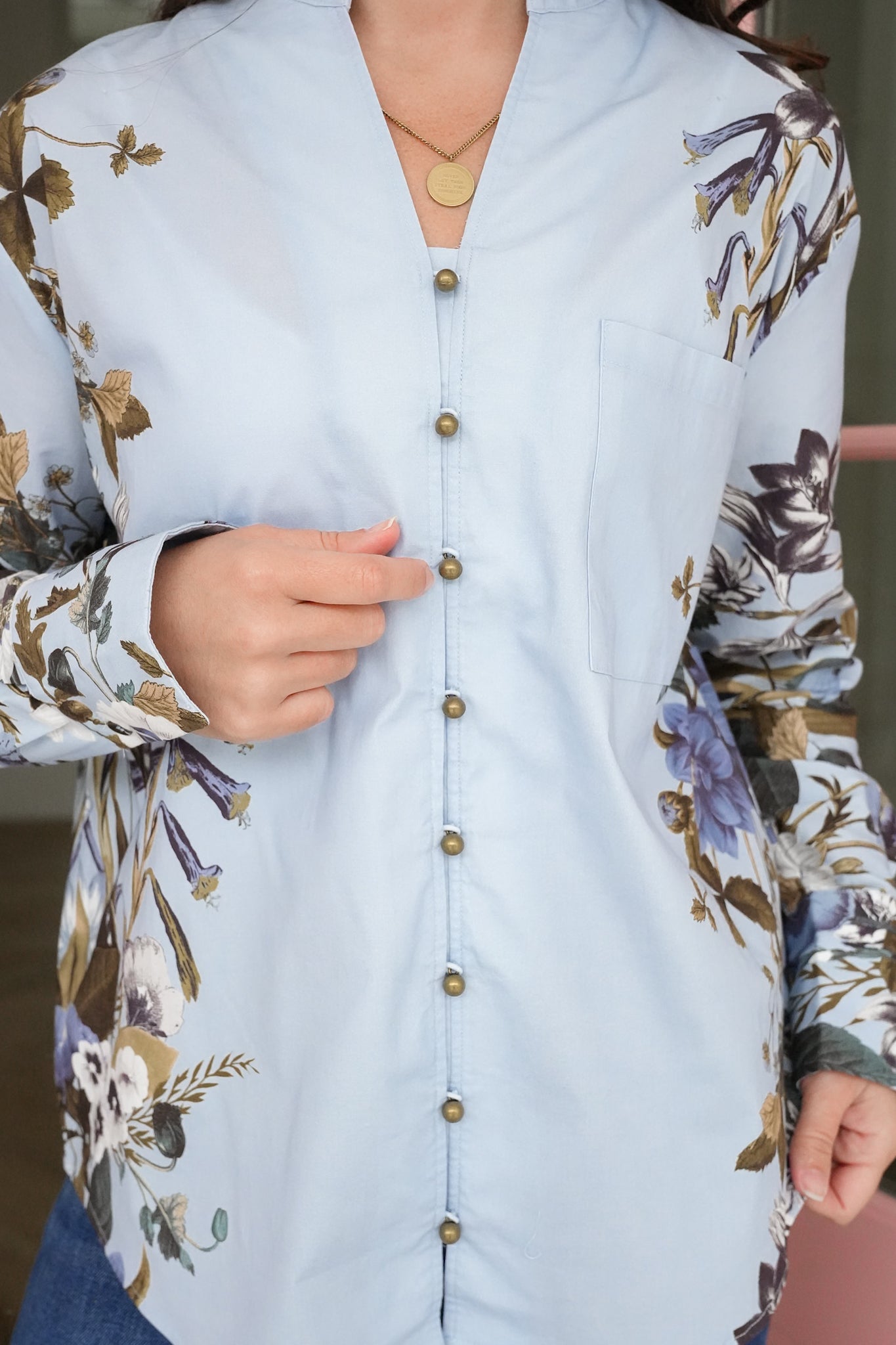 Chambray Long Sleeve Button Down with Floral Accent