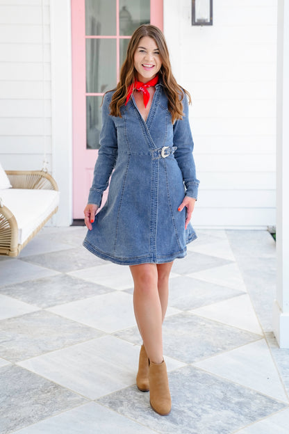 Medium Wash Long Sleeve Wrap Dress with Western Buckle Detail