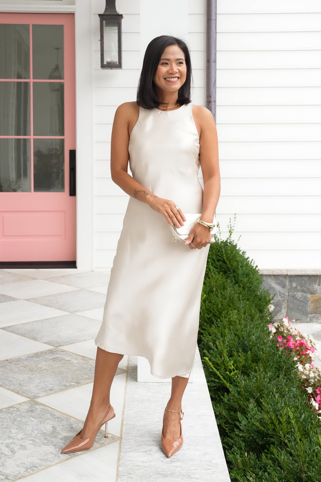 Satin Sleeveless Round Neck Midi Dress
