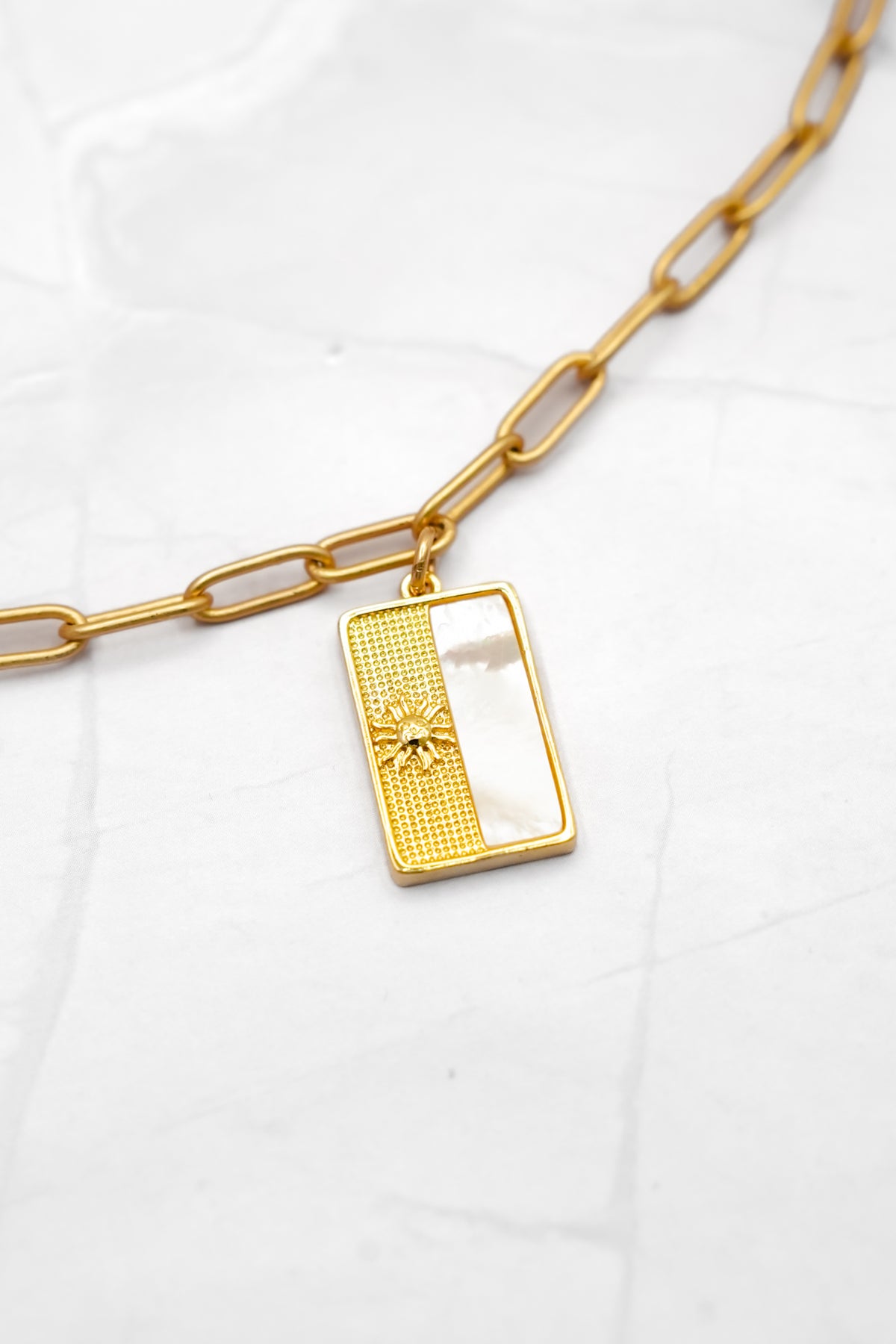 Love, Poppy Moonstone Square Pendent Sun Detail Paperclip Chain Necklace - Freckled Poppy