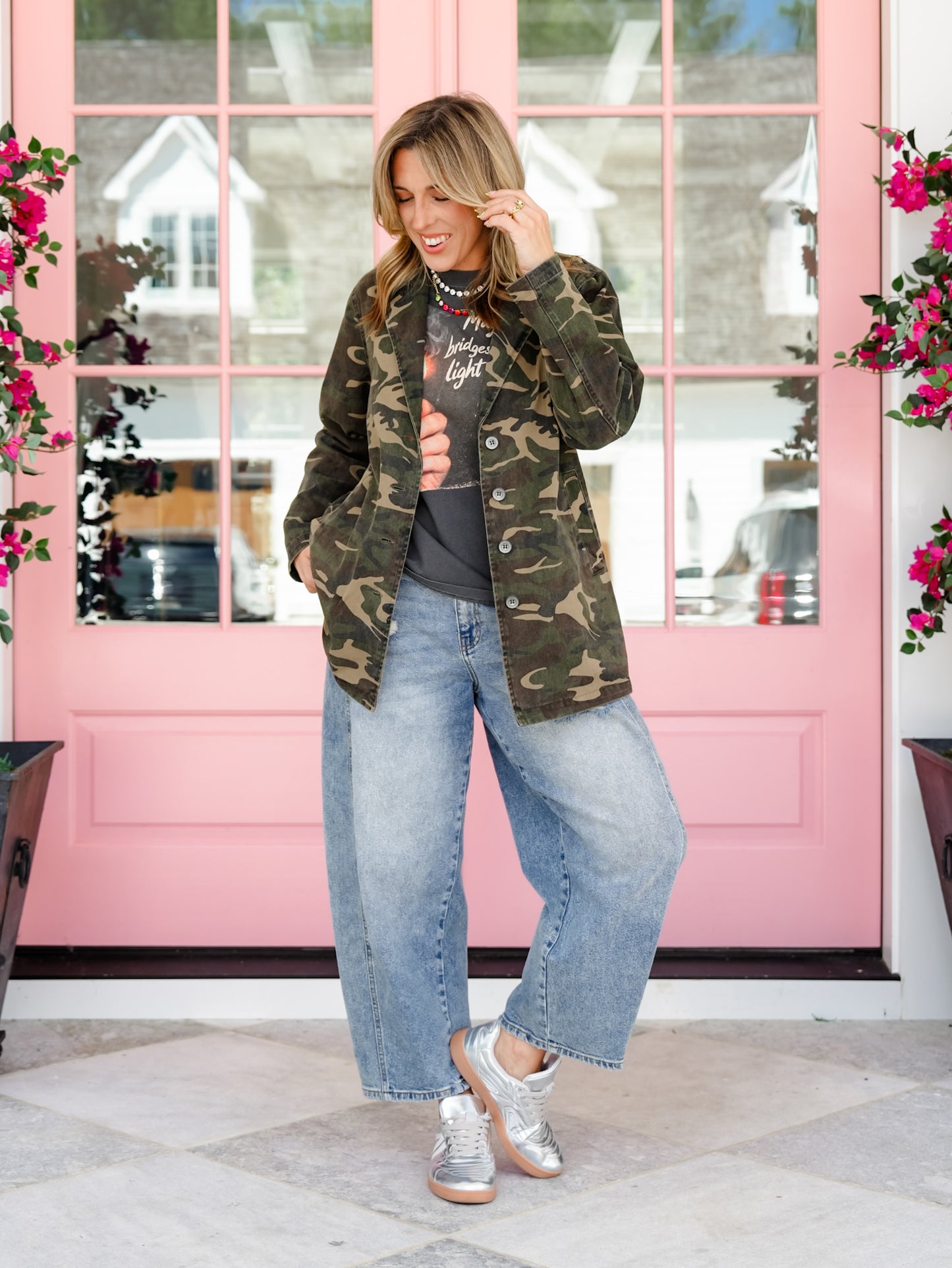 Vintage Camo Print Long Sleeve Button Down Jacket