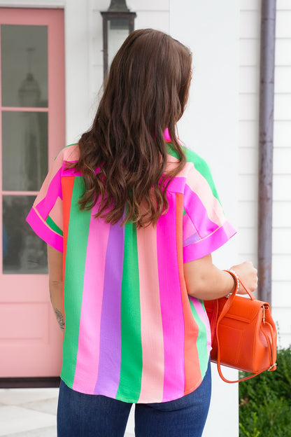 Restock! Plus/Reg Multi Color Short Sleeve Button Down Top
