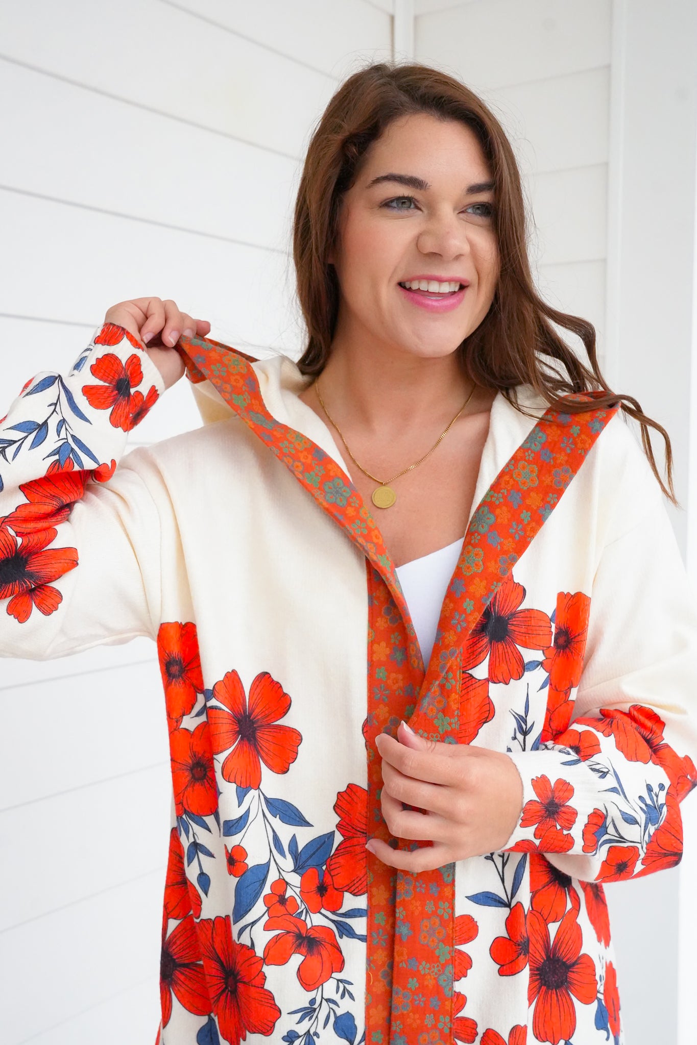 POL Floral Print Long Sleeve Open Cardigan with Hoodie