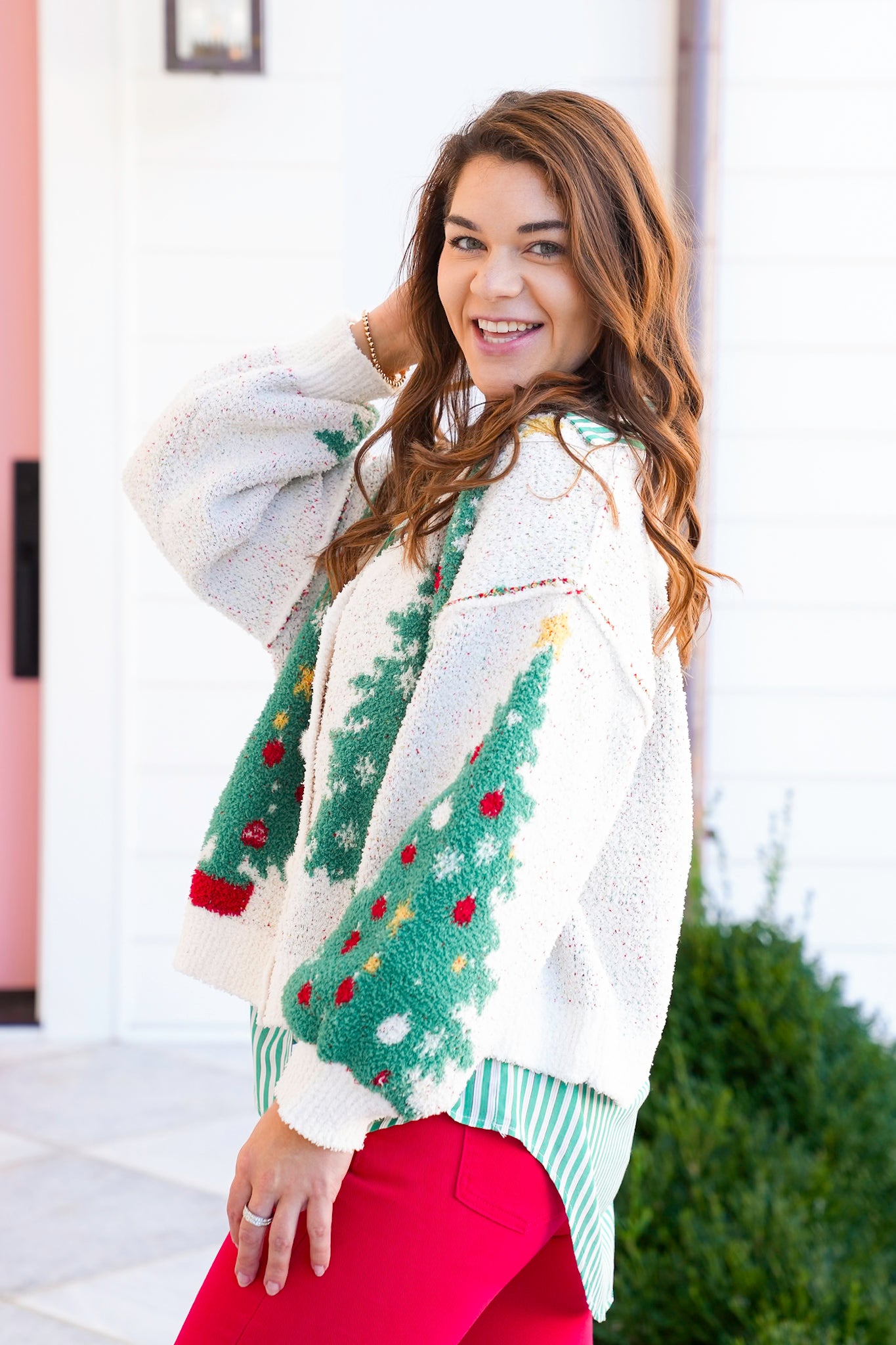 Christmas Tree Long Sleeve V-Neck Button Down Cardigan