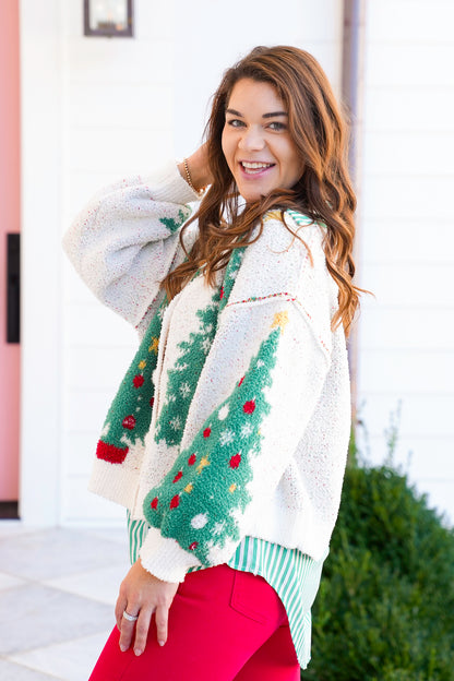 Christmas Tree Long Sleeve V-Neck Button Down Cardigan