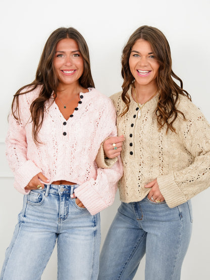 Textured Knit Long Sleeve Half Button Up Sweater