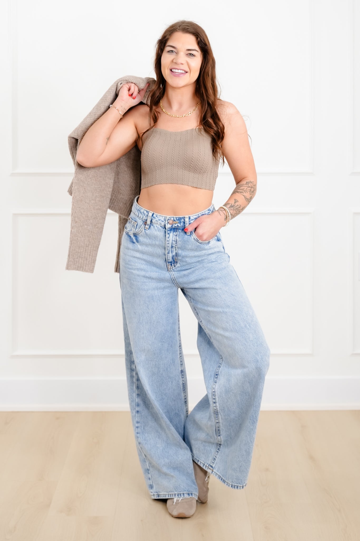Cable Knit Pattern Bralette with Adjustable Straps
