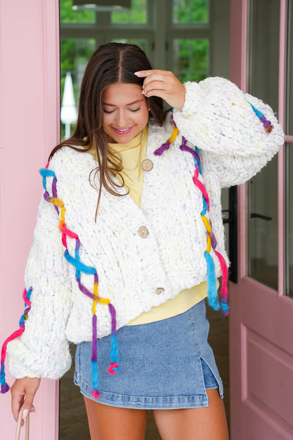 POL Cream Long Sleeve Button Up Cardigan with Colorful Stitch Detail