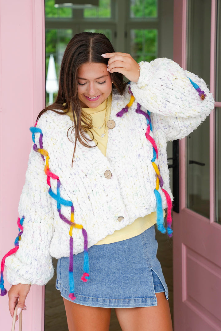 POL Cream Long Sleeve Button Up Cardigan with Colorful Stitch Detail