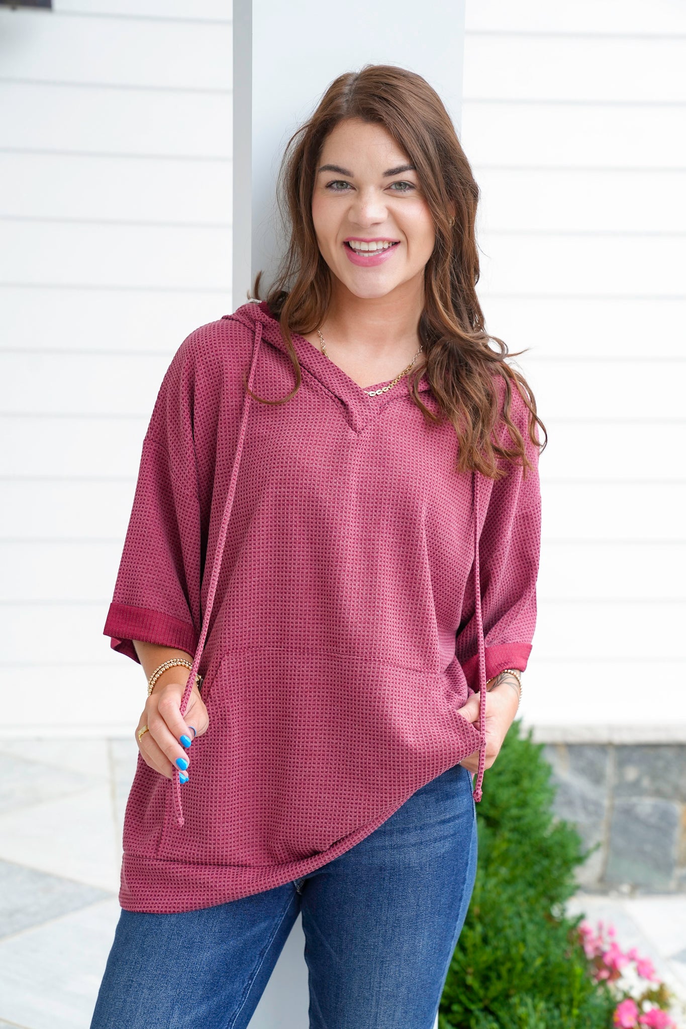 Door Buster! Plus/Reg Textured 3/4 Sleeve Hoodie Top with Front Pocket
